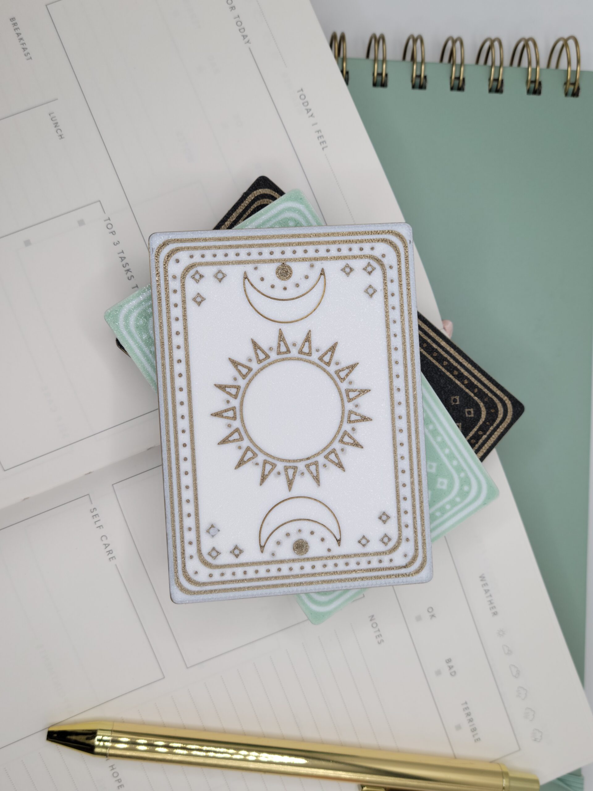 Roxy pepperton 3d printed hard plastic birth control pill cases celestial design style in black, white, or green