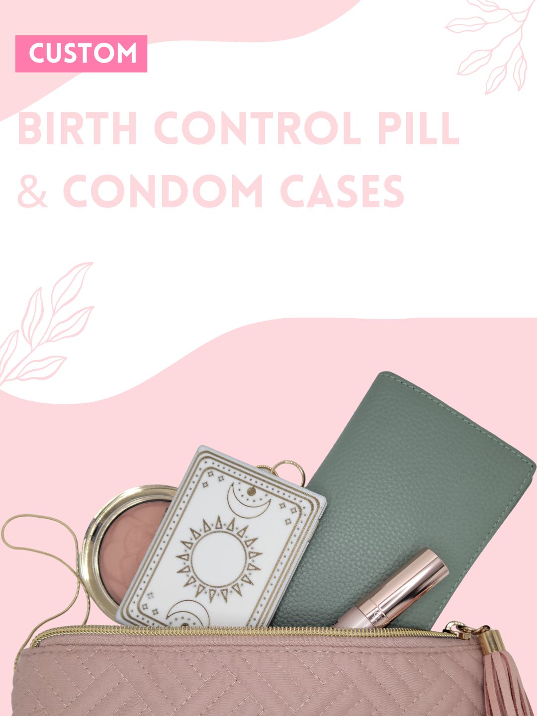 roxy pepperton birth control travel pilll case spilling out of a purse with other makeup and travel accessories to get ready for a busy day or long night out.
