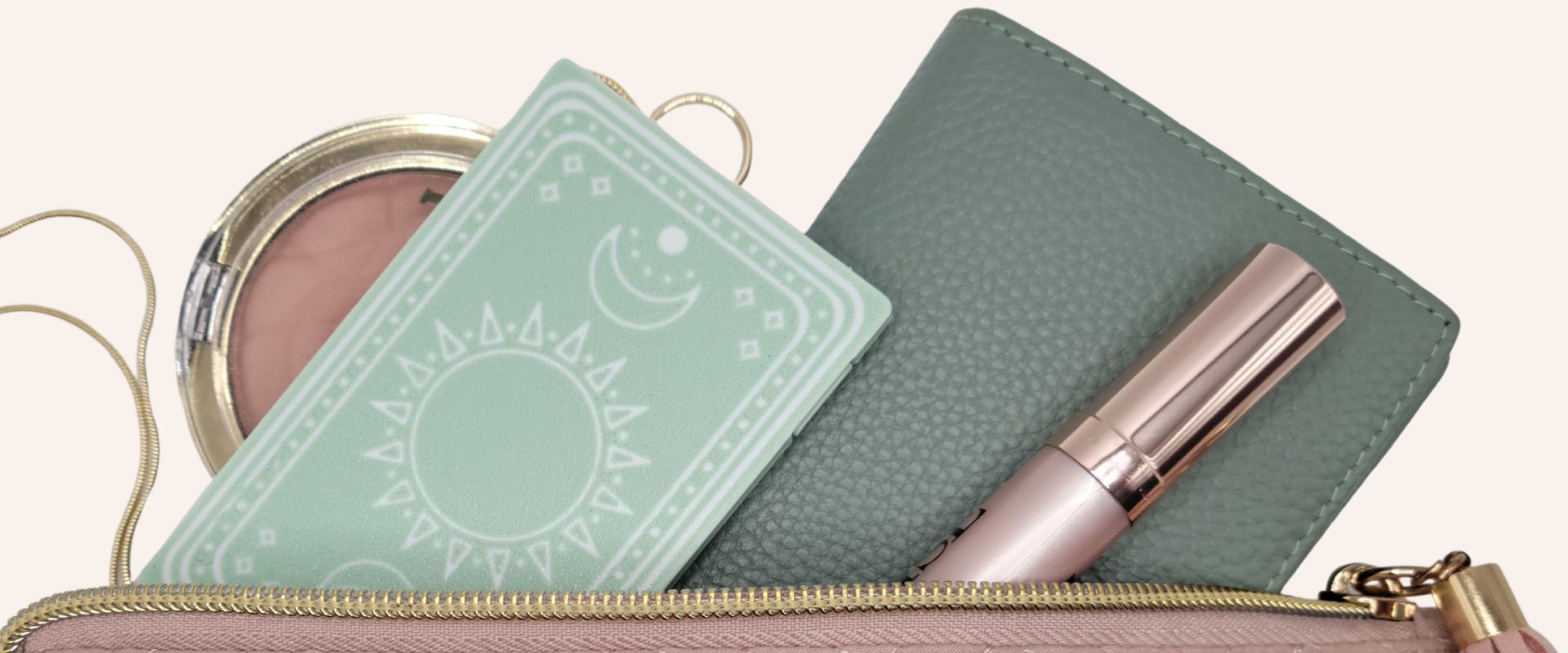birth control pill case in a travel bag with everyday essentials